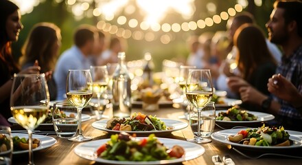People enjoying a festive outdoor dinner party with string lights and wine glasses, creating a warm and celebratory atmosphere