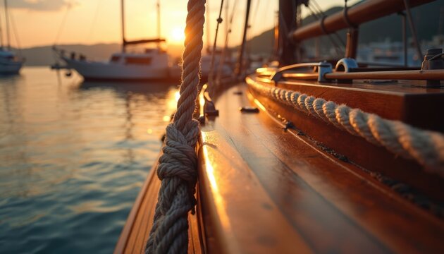 Classic wooden sailboat is moored at tranquil dock during sunset. Golden light reflects on boat deck and calm water. Ropes tied create peaceful nautical scene at marina. Other vessels are visible.