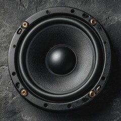 A detailed macro shot of a black audio speaker cone with a textured surface and visible golden screws around the rim, set against a dark, grainy backdrop.
