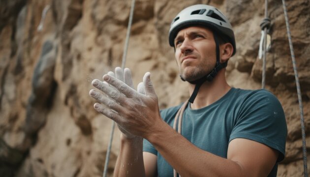 Rock climber preparing with chalk suggests concept of determination and outdoor sport challenge taking place on natural rock formation