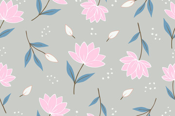 Soft pastel floral pattern featuring pink blossoms and blue leaves on a muted grey background, creating a calm, elegant, and minimal decorative style.