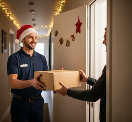 A delivery man wearing a Santa hat hands a cardboard box to a customer during the Christmas season, embodying holiday shopping and delivery