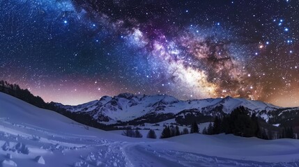 Winter Solstice: Winter solstice astronomical alignment, Earth's axial tilt visualization in night sky, bright stars and constellation patterns, snowy mountain silhouette foreground, Milky Way visible