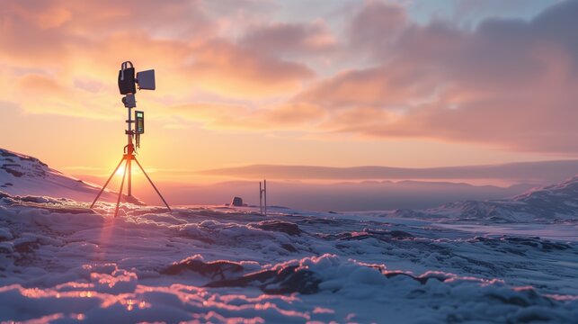 Winter Solstice: Winter solstice solar radiation study, scientific equipment measuring sun angle and intensity, modern meteorological station in snowy landscape, precise instruments