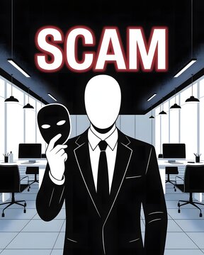 Illustration of anonymous scammer figure with hidden identity mask representing cyber fraud, online deception, security threats, and digital scam prevention in corporate environment.