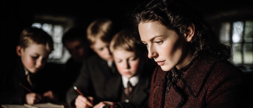 Guiding minds: the journey of a dedicated educator and her students. Colorful surrealism. Tranquil classroom scene with teacher and pupils at a cozy desk. Dreamlike imagery. Advertising photo.