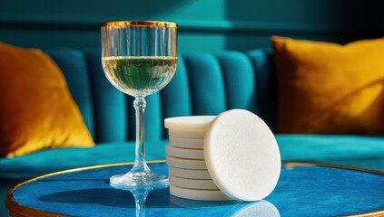 White coasters stack on a teal table with a wine glass.