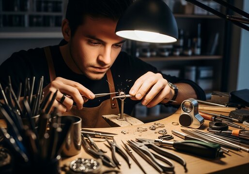 The goldsmith meticulously works on a jewelry piece, sparks flying as he crafts the ring under the bright lamp, showcasing his artistic goldsmithing skills