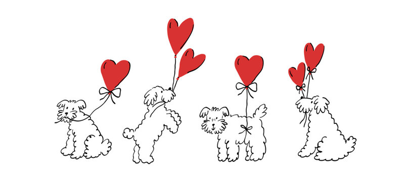 Cute Dog With red Red balloon. Valentine's Day card. Pet Sketch illustration in a playful doodle style. Valentine's Day print - vector clipart. Whimsical romantic print