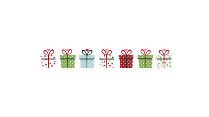 Row of colorful festive gift boxes with ribbons and bows on a white background. Holiday season presents for celebration.