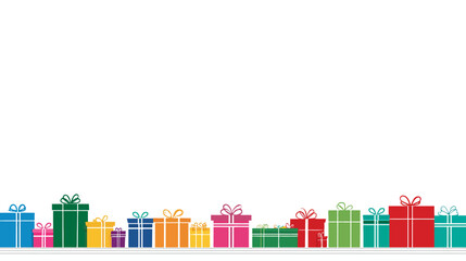 Colorful gift boxes border on white background, perfect for celebrations, holidays, birthdays, and special occasions