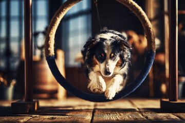 A border collie leaps gracefully through a hoop in a dog agility gym filled with colorful equipment. The wooden floor adds warmth to this active training scene