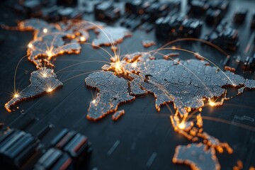 Digital world map with glowing connections illustrating global communication and trade at night