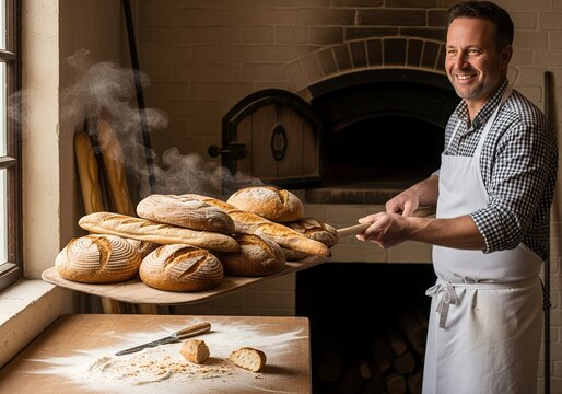 A cheerful baker presents a freshly baked loaf of bread, the centerpiece of his bakery's craft, showcasing the artisan bread-making process - Powered by Adobe