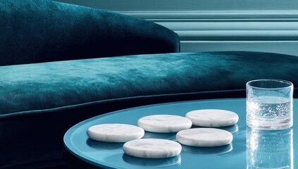 Teal velvet sofa with marble coasters on a turquoise table.