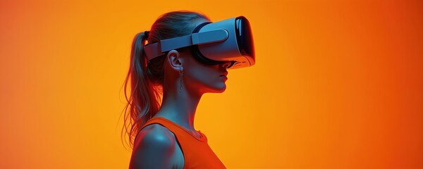 Woman in virtual reality glasses explores digital world. Girl uses VR headset for futuristic gaming in metaverse. Player enjoys immersive simulation with modern equipment. Side profile person in neon