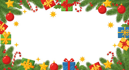 Obraz premium Festive Christmas Frame with Gifts, Ornaments, and Greenery.