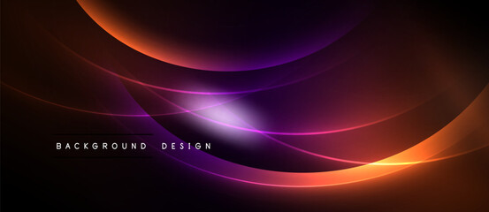 Abstract design features flowing curves, vibrant colors. Orange, purple hues blend into dark background. Modern aesthetic, dynamic composition.
