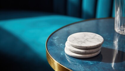 Stacked white marble coasters on a teal table.