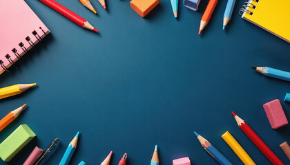 Colorful pencils notebooks and erasers arranged on dark blue surface. Study and art supplies laid out for creative work. Back to school concept with desk objects.