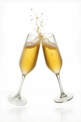 High-quality close-up image of two champagne glasses clinking together, creating a dynamic golden splash with bubbles. Isolated on a clean white background, this celebratory scene is perfect for theme