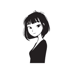 Beautiful Kawaii Girl Black and White Vector Illustration in Cute Simple Line Art Style