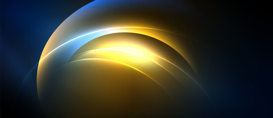 Abstract design features layered curves, vibrant gold, blue hues. Smooth gradients create luminous effect, dark background emphasizes brightness.