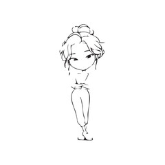 Beautiful Kawaii Girl Black and White Vector Illustration in Cute Simple Line Art Style