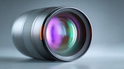 A detailed macro shot of a silver camera lens, showcasing its intricate design and the vibrant, multi colored light reflections on the glass element. The background is a smooth, neutral gray.