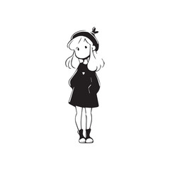 Beautiful Kawaii Girl Black and White Vector Illustration in Cute Simple Line Art Style