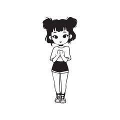 Beautiful Kawaii Girl Black and White Vector Illustration in Cute Simple Line Art Style