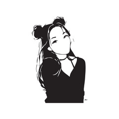 Beautiful Kawaii Girl Black and White Vector Illustration in Cute Simple Line Art Style