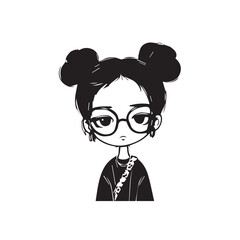 Beautiful Kawaii Girl Black and White Vector Illustration in Cute Simple Line Art Style