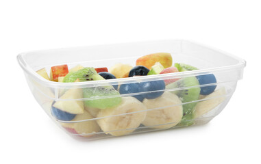 Tasty fruit salad in plastic container isolated on white. Healthy snack