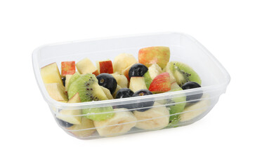 Tasty fruit salad in plastic container isolated on white. Healthy snack