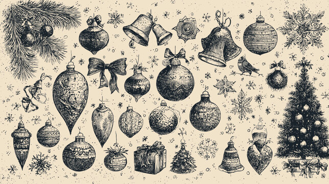 Detailed Hand Drawn Christmas Holiday Decor Collection with Vintage Ornaments, Baubles, Bells, and Spruce Branches Engraving