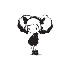Beautiful Kawaii Girl Black and White Vector Illustration in Cute Simple Line Art Style