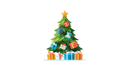 Christmas tree with colorful gift boxes and a golden star on top, isolated. Festive holiday season illustration.