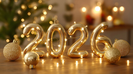 Golden 2026 decoratively arranged amidst festive ornaments and twinkling lights, heralding the promise of a new year.