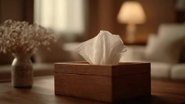 Wooden tissue box and decorative flowers in cozy living room setting during daytime