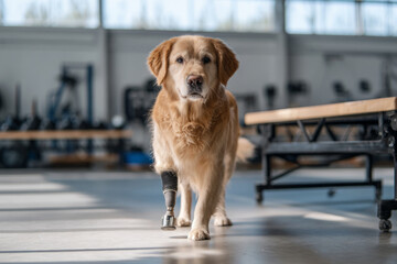 Golden retriever is carefully walking on a platform in a bright indoor dog gym. The session focuses on rehabilitation and strengthening mobility with supportive equipment
