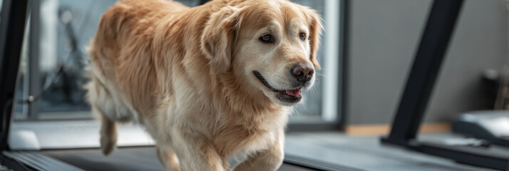 A golden retriever runs up a ramp in a dog-friendly gym, surrounded by various exercise equipment designed for canine fitness and rehabilitation in a supportive environment, banner