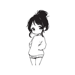Beautiful Kawaii Girl Black and White Vector Illustration in Cute Simple Line Art Style