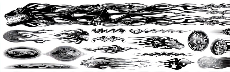 Set of black and white stylized flame graphic designs.