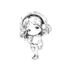 Beautiful Kawaii Girl Black and White Vector Illustration in Cute Simple Line Art Style