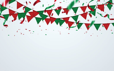 Fototapeta premium Garland with flags hanging on rope red and green bunting flags, holiday patterns, and falling confetti. Perfect for party, luxury event promotions, festive banners, birthday, anniversary, New Year