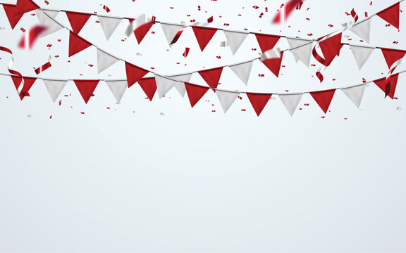 Garland with flags hanging on rope red  bunting flags, holiday patterns, and falling confetti. Perfect for party, luxury event promotions, festive banners, birthday, anniversary, New Year