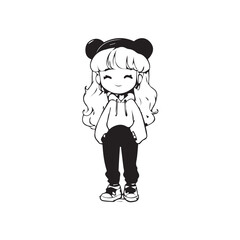 Beautiful Kawaii Girl Black and White Vector Illustration in Cute Simple Line Art Style