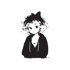 Beautiful Kawaii Girl Black and White Vector Illustration in Cute Simple Line Art Style