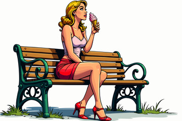 Woman sitting on a park bench enjoying ice cream in a sunny environment